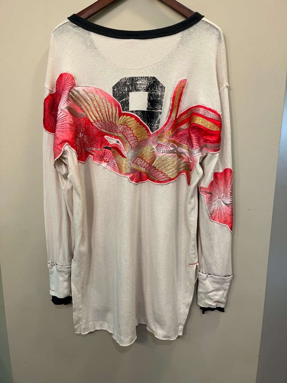 Free People embroidered bird, shell Henley tunic, slub knit, oversized Medium - Picture 3 of 9